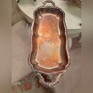 Antique Leonard 11" Serving Tray Footed Handles Silverplate Patina Aged Vintage